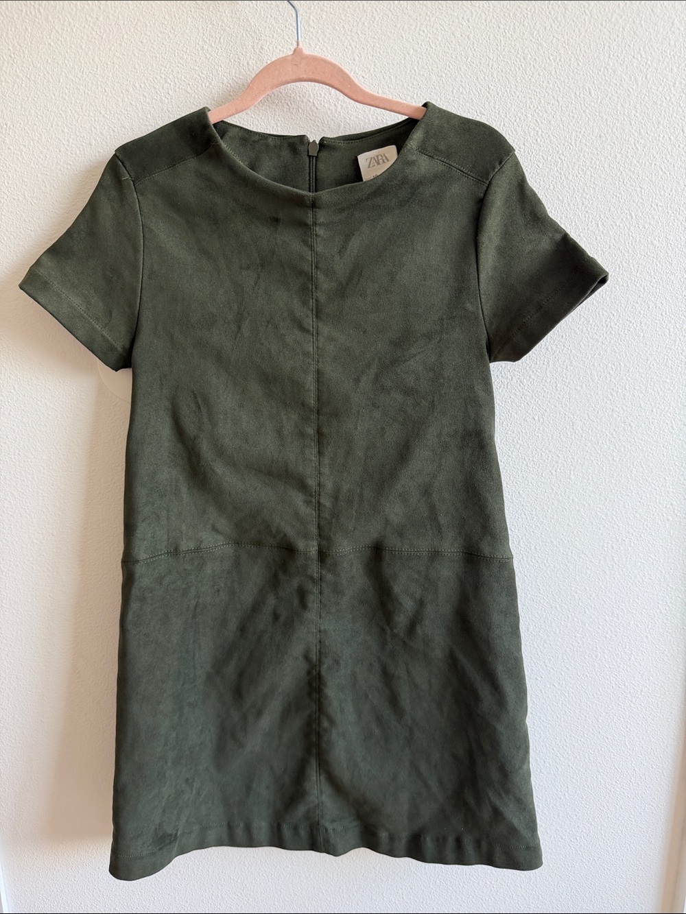 Zara Olive Green Short Sleeve suede Shift Dress